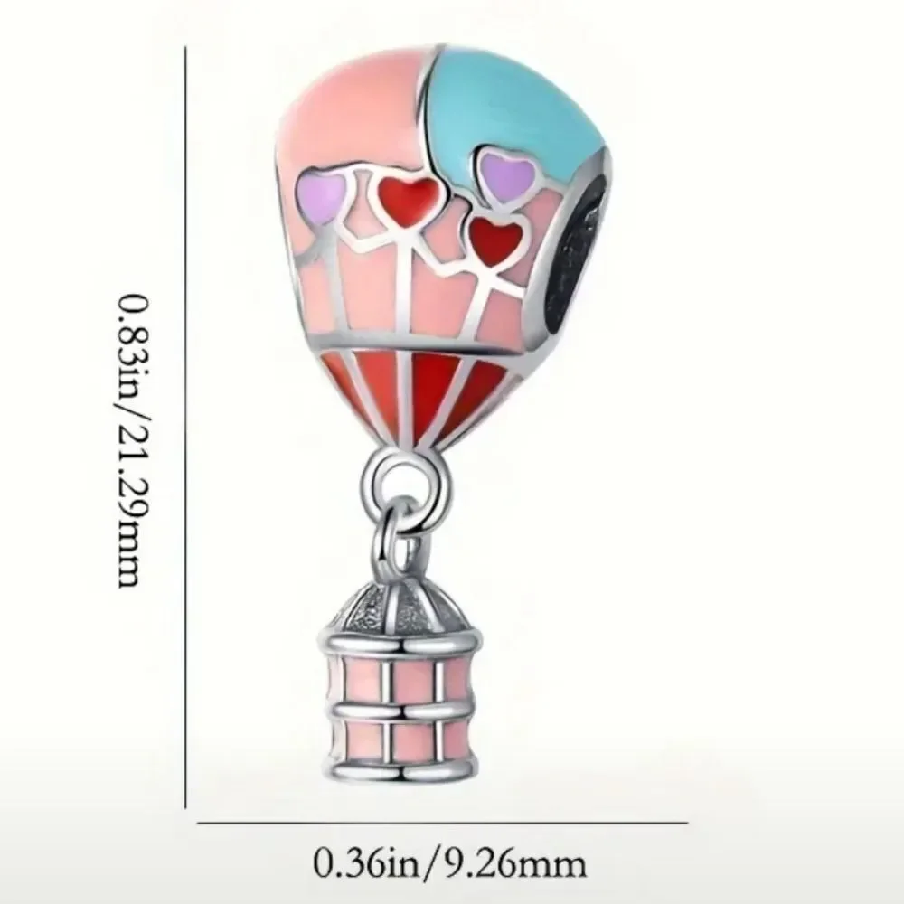 Hot Air Balloon Charm S925 Sterling Silver Pink Hearts Slide-On Bracelet Pendant
